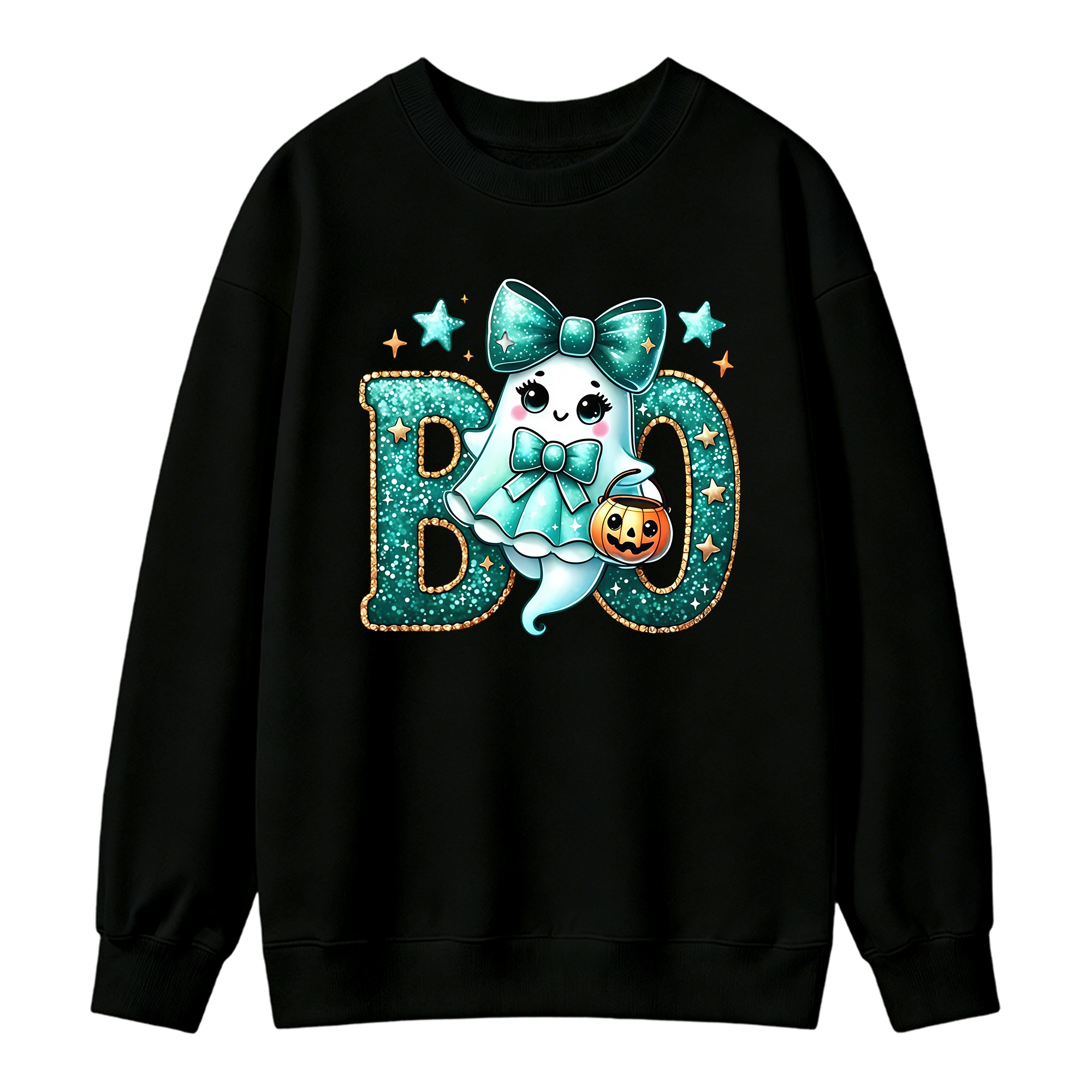 Glitter Teal Ghost with Bow Halloween Sweatshirt