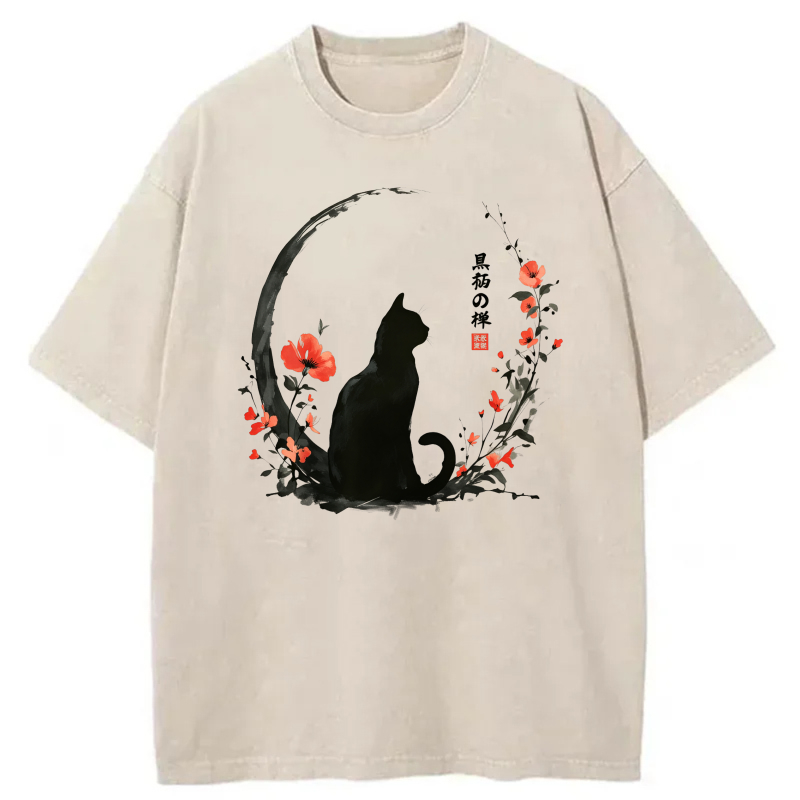 Cat Moon Flower Japanese Calligraphy tshirt 100% cotton