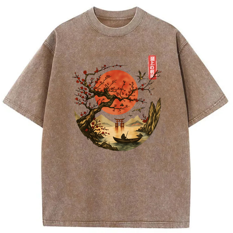 Red Moon Cherry Tree Boat Mountain Torii Bird tshirt 100% cotton