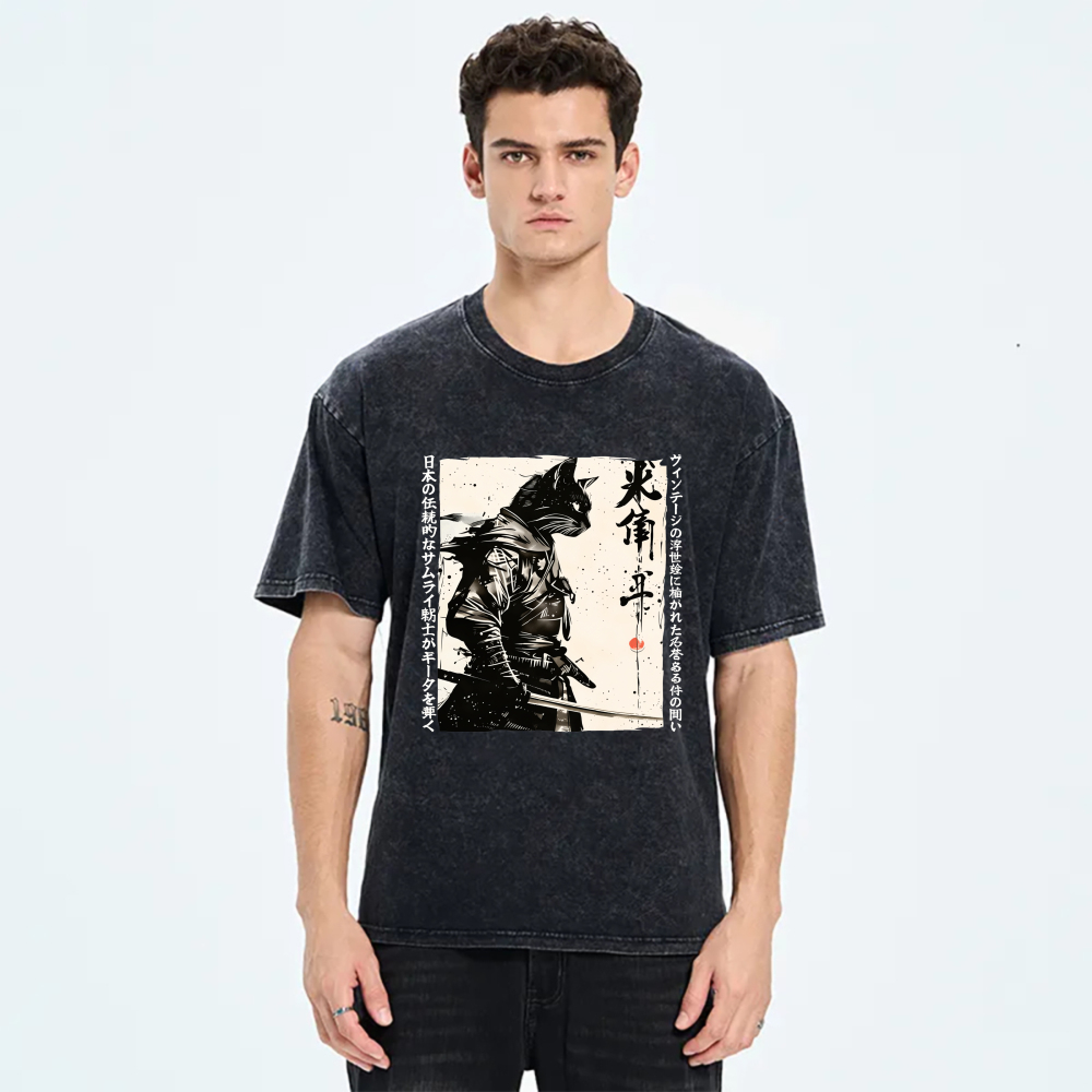 Samurai Cat With Sword And Japanese Text tshirt 100% cotton