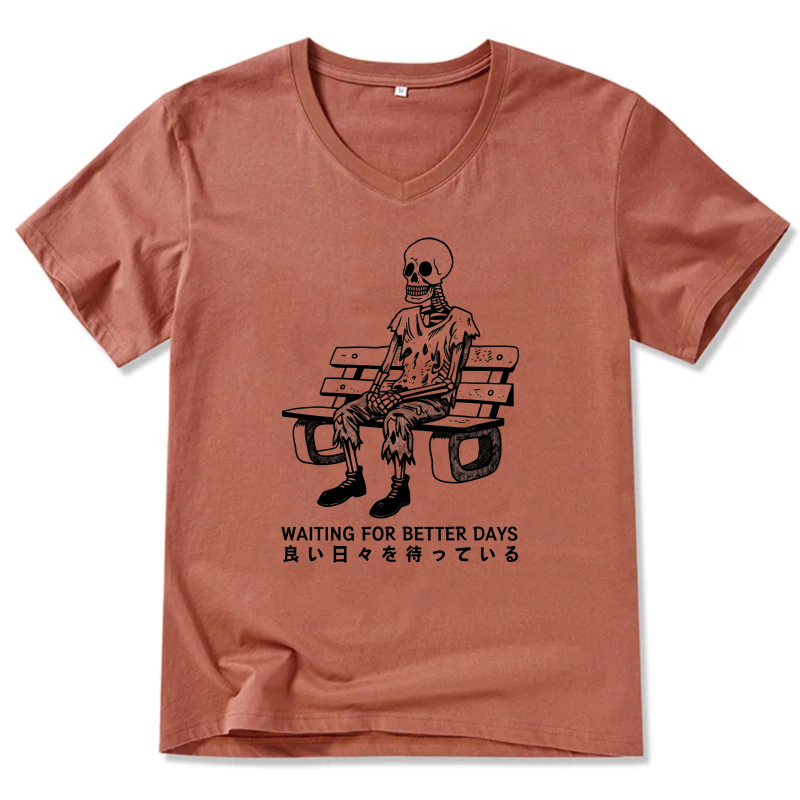 Waiting For Better Days Skeleton On Bench T Shirt Men Women Graphic Tee