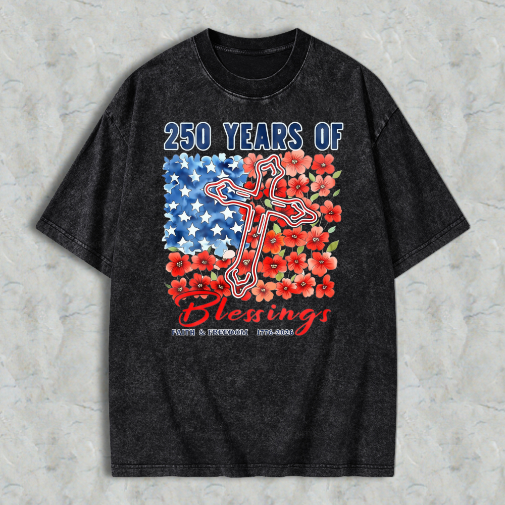 250 Years Of Blessings American Flag Cross And Flowers Washed T-shirt