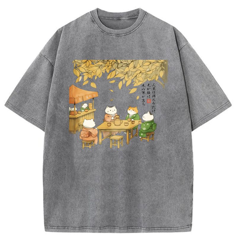 Cats Tea Gathering Autumn Leaves Scene tshirt 100% cotton