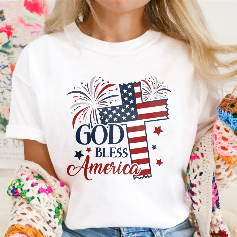 American Flag Cross Fireworks God Bless America Unisex Classic T-shirt