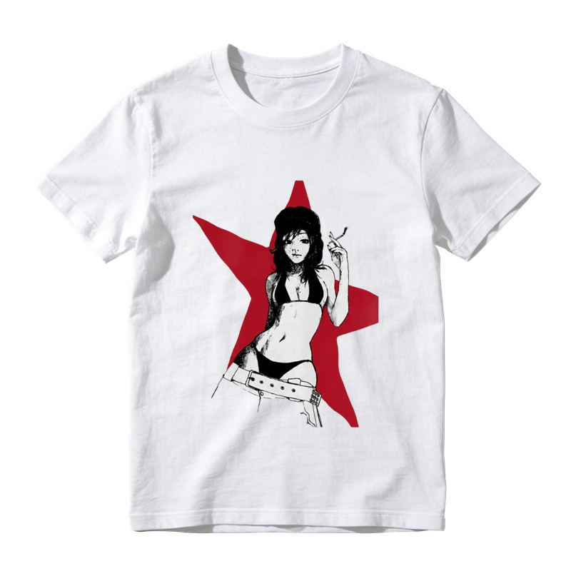 Anime Girl Red Star Graphic Print White T-Shirt
