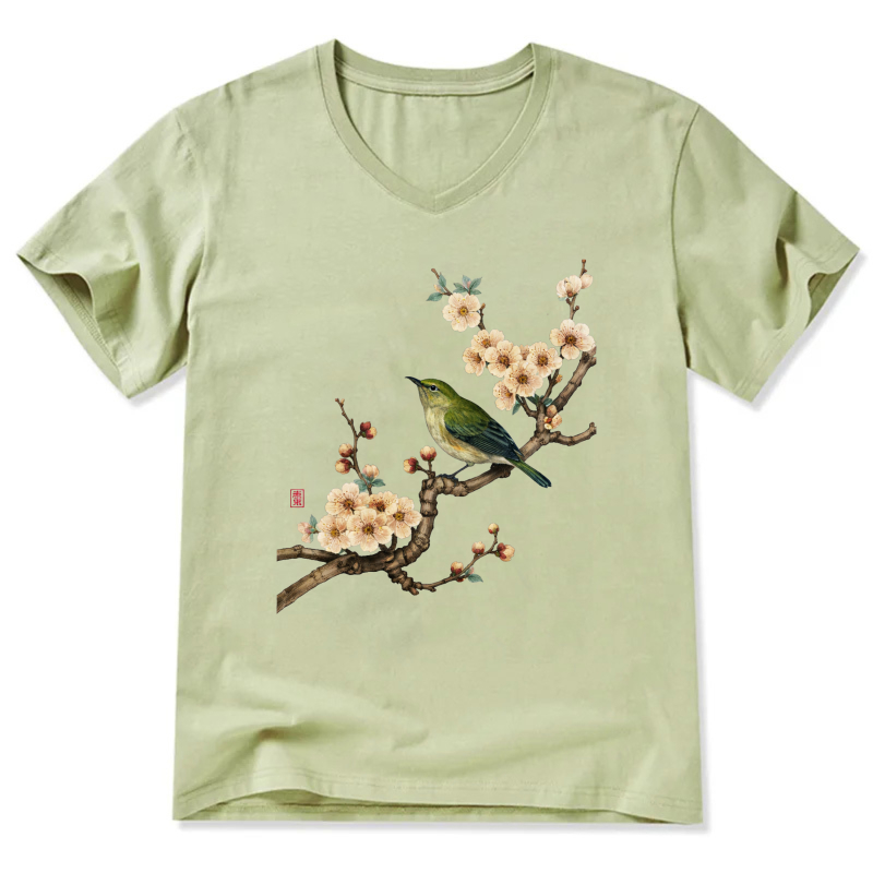 Bird And Plum Blossom Art Print T Shirt For Men Women Black Casual Top