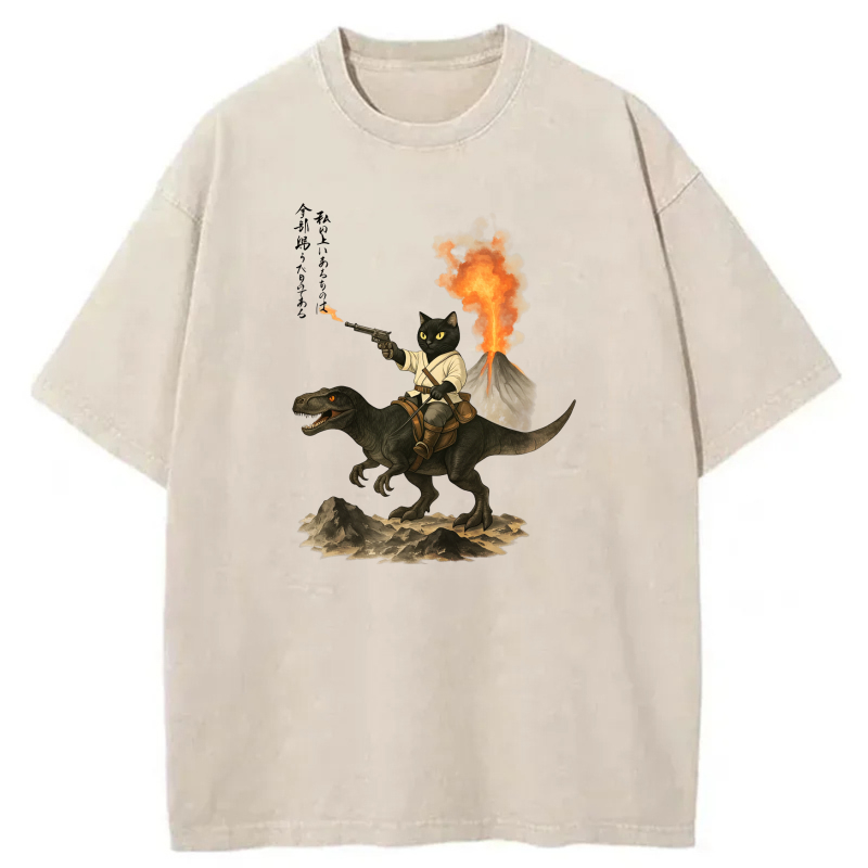 Cat Riding Dinosaur With Volcano Background tshirt 100% cotton