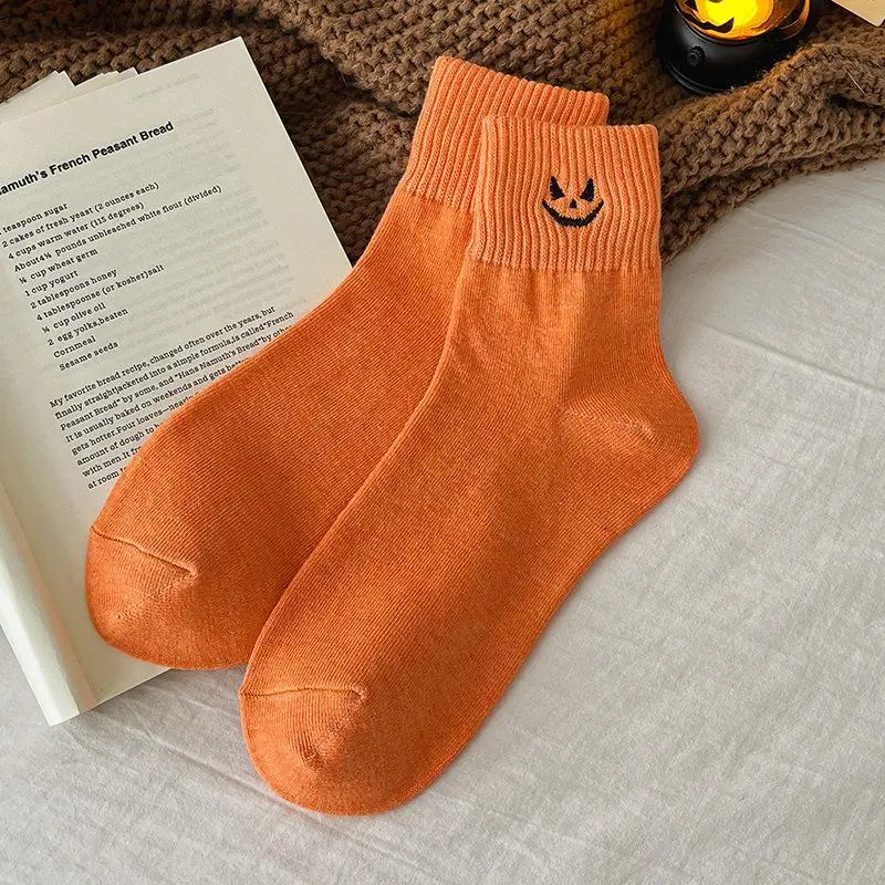 Multicolor Cartoonish Pumpkin Ghost Mid-Calf Knit Socks - Fitted Soft Stretch Warm Fall Winter Essentials, Cozy Halloween Stuff for Women Everyday Wear & Gifts