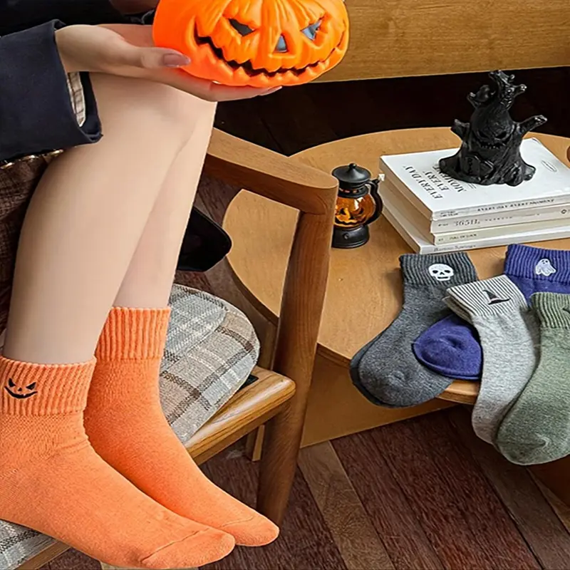 Multicolor Cartoonish Pumpkin Ghost Mid-Calf Knit Socks - Fitted Soft Stretch Warm Fall Winter Essentials, Cozy Halloween Stuff for Women Everyday Wear & Gifts