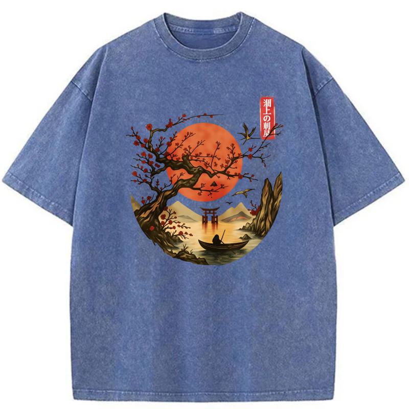 Red Moon Cherry Tree Boat Mountain Torii Bird tshirt 100% cotton
