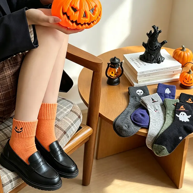 Multicolor Cartoonish Pumpkin Ghost Mid-Calf Knit Socks - Fitted Soft Stretch Warm Fall Winter Essentials, Cozy Halloween Stuff for Women Everyday Wear & Gifts