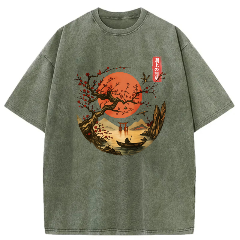 Red Moon Cherry Tree Boat Mountain Torii Bird tshirt 100% cotton