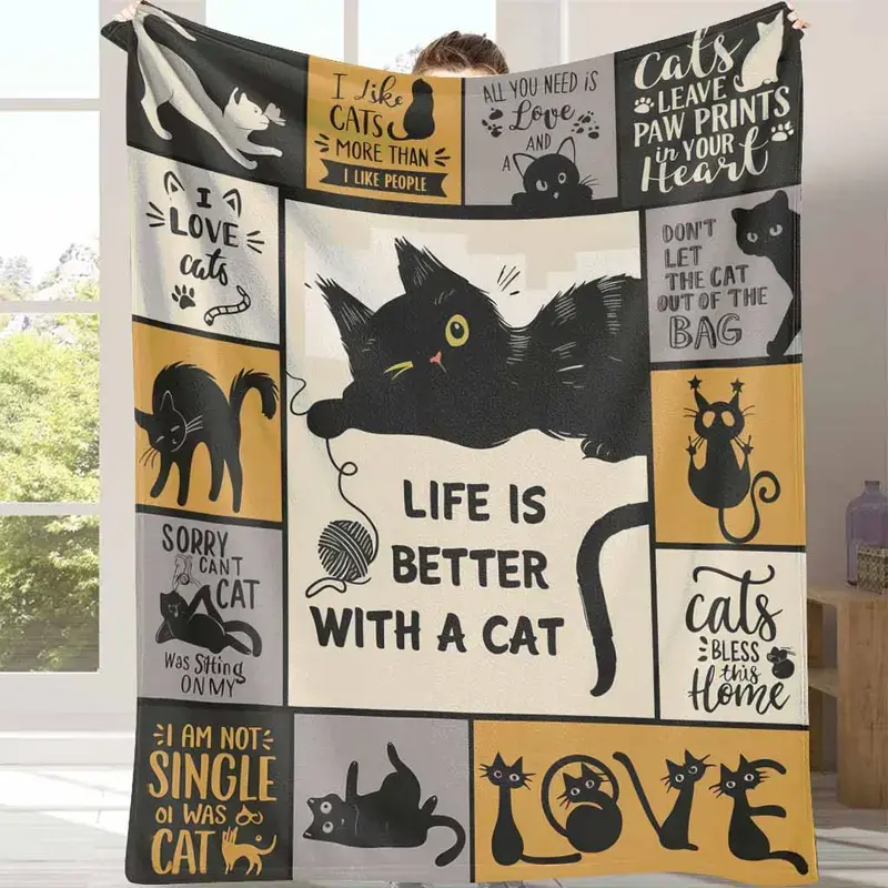 Life is Better with a Cat Fleece Throw Blanket - Cute Black Cat Patchwork Flannel Blanket for Bed & Couch, Cozy Gift for Cat Lovers