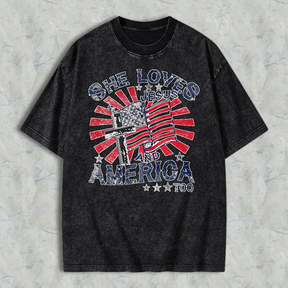 She Loves Jesus And America Too Flag Cross Design Washed T-shirt