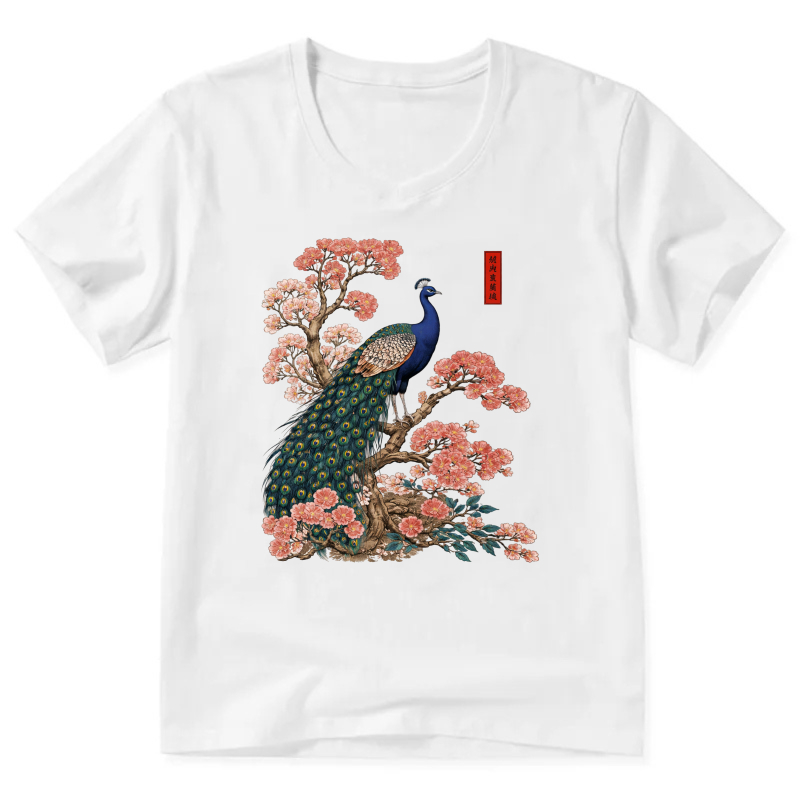 Peacock And Cherry Blossom Art T Shirt Men Women Fashion Casual Top