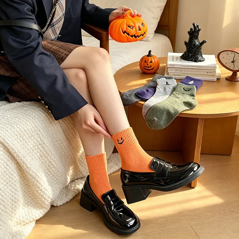 Multicolor Cartoonish Pumpkin Ghost Mid-Calf Knit Socks - Fitted Soft Stretch Warm Fall Winter Essentials, Cozy Halloween Stuff for Women Everyday Wear & Gifts
