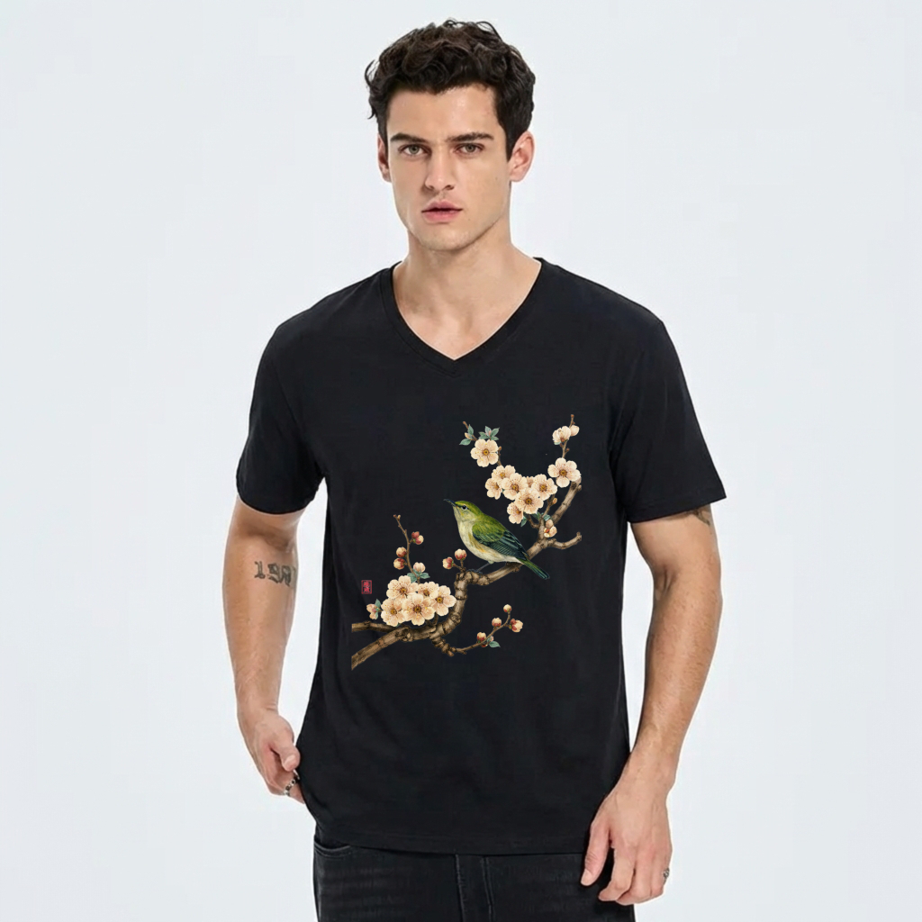 Bird And Plum Blossom Art Print T Shirt For Men Women Black Casual Top