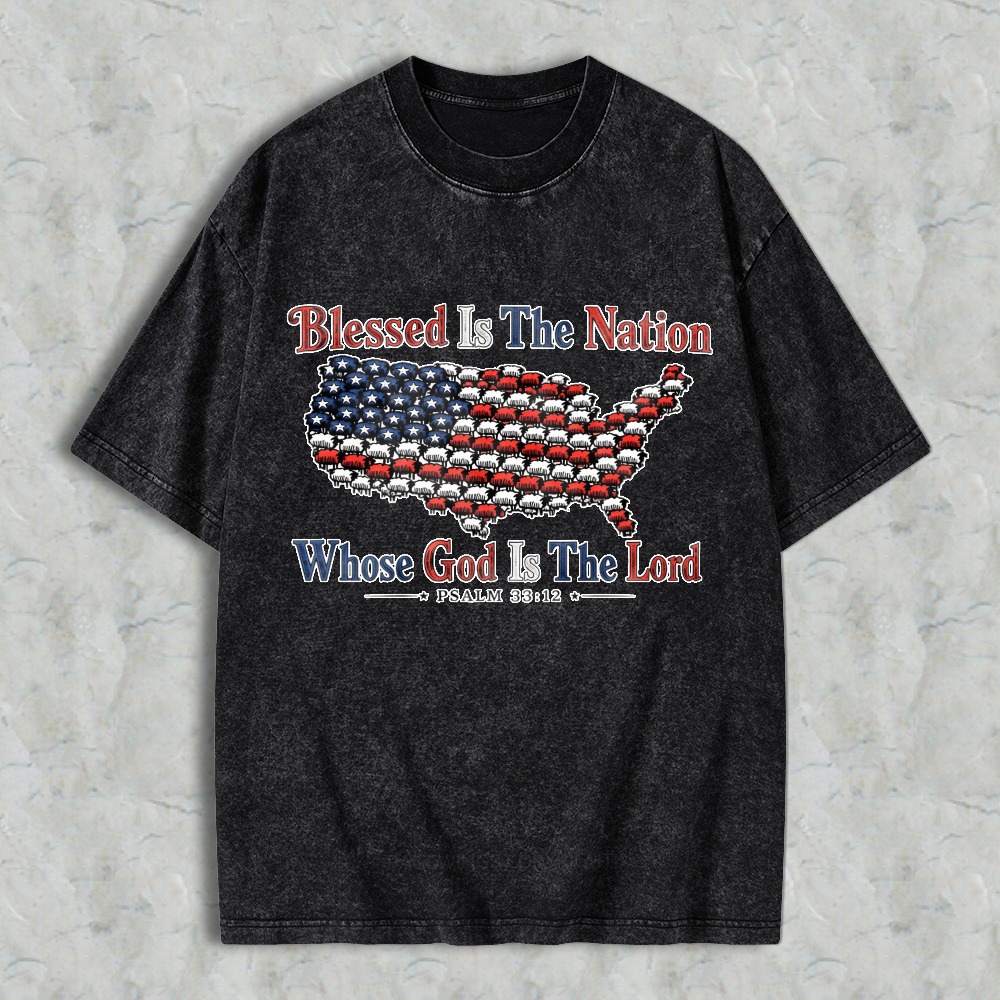 Blessed Is The Nation Whose God Is The Lord American Flag Map Design Washed T-shirt