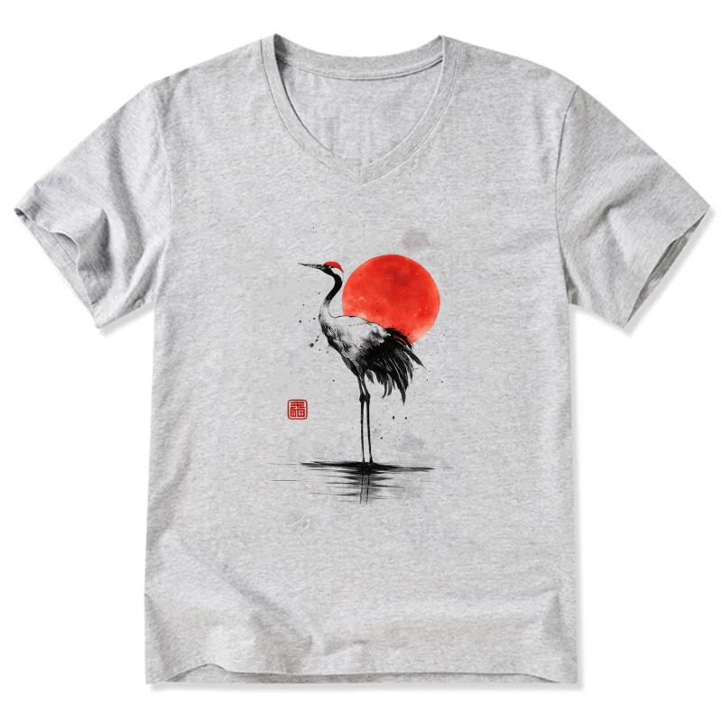 Black Crane And Red Sun Art T Shirt Men Women Unisex V Neck Casual Wear