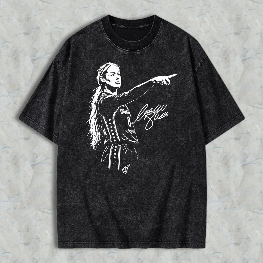 Caitlin Clark Basketball Player Pointing Gesture Signature Graphic Unisex Washed T-shirt