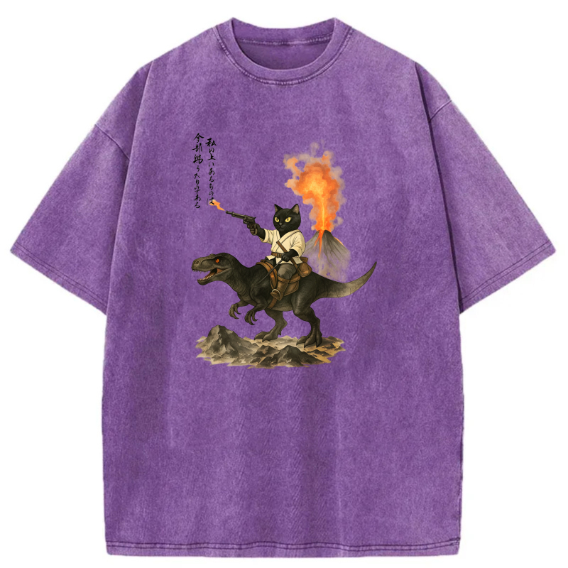 Cat Riding Dinosaur With Volcano Background tshirt 100% cotton