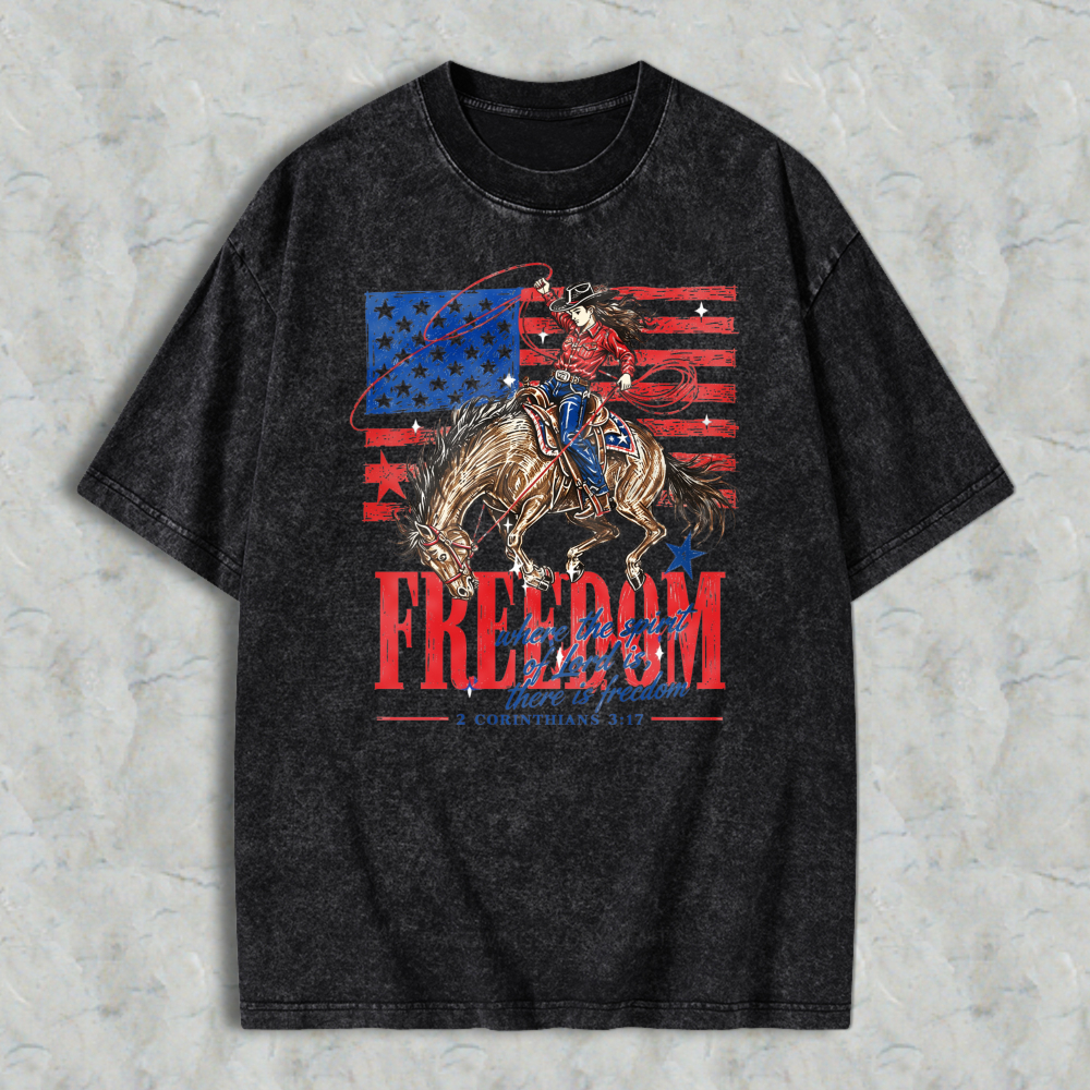 American Flag Cowboy Riding Horse Freedom Washed T-shirt