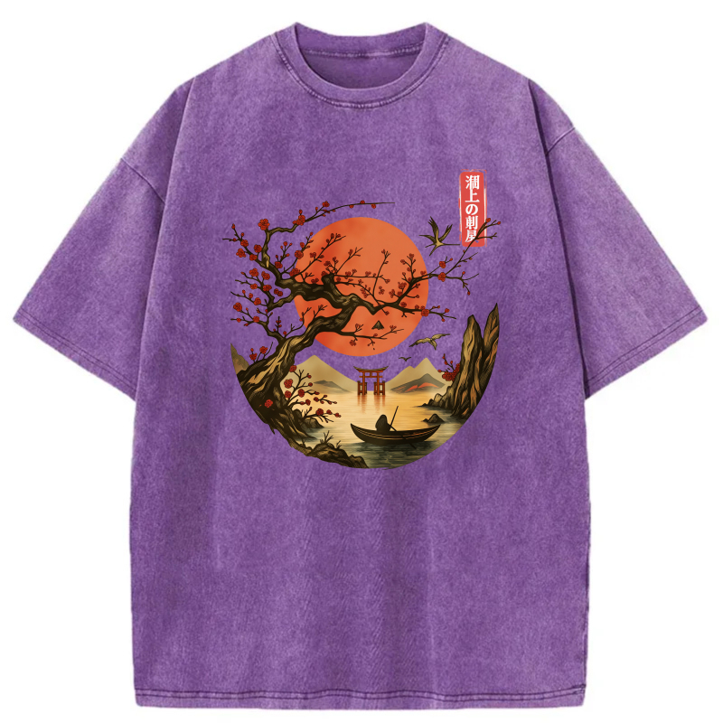 Red Moon Cherry Tree Boat Mountain Torii Bird tshirt 100% cotton