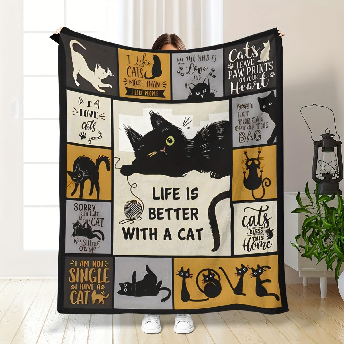 Life is Better with a Cat Fleece Throw Blanket - Cute Black Cat Patchwork Flannel Blanket for Bed & Couch, Cozy Gift for Cat Lovers