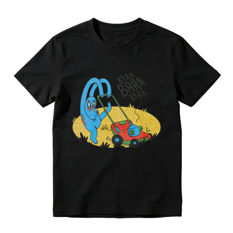 Blue Cartoon Monster Mowing Lawn With Red Machine, Unisex Classic T-shirt