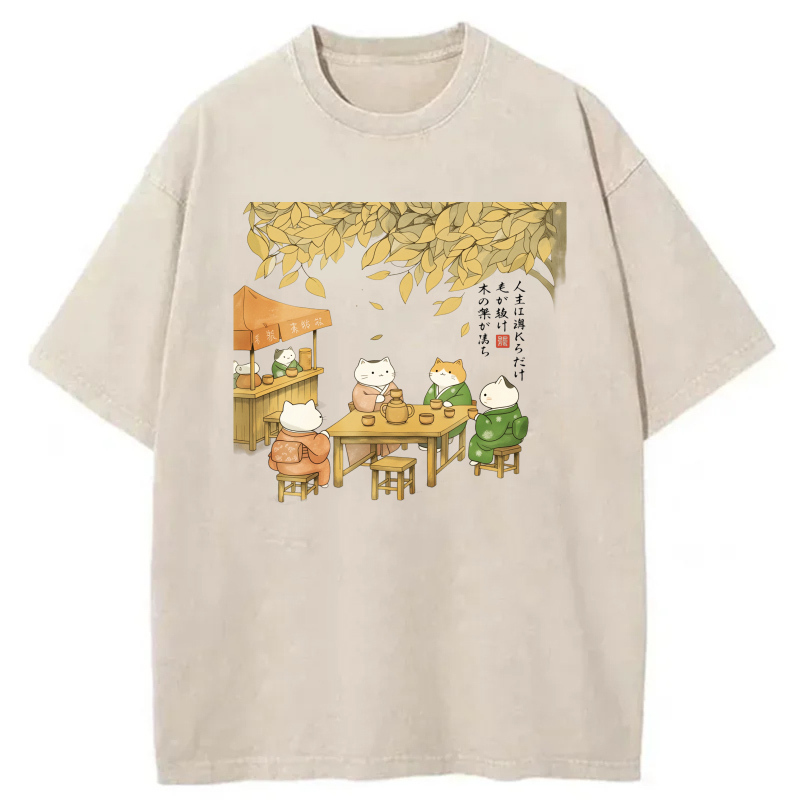 Cats Tea Gathering Autumn Leaves Scene tshirt 100% cotton