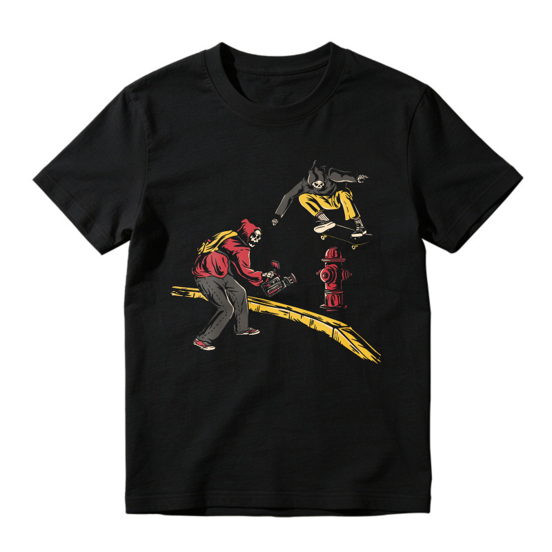Skateboarder Jumping Over Fire Hydrant With Cameraman Graphic, Unisex Classic T-shirt