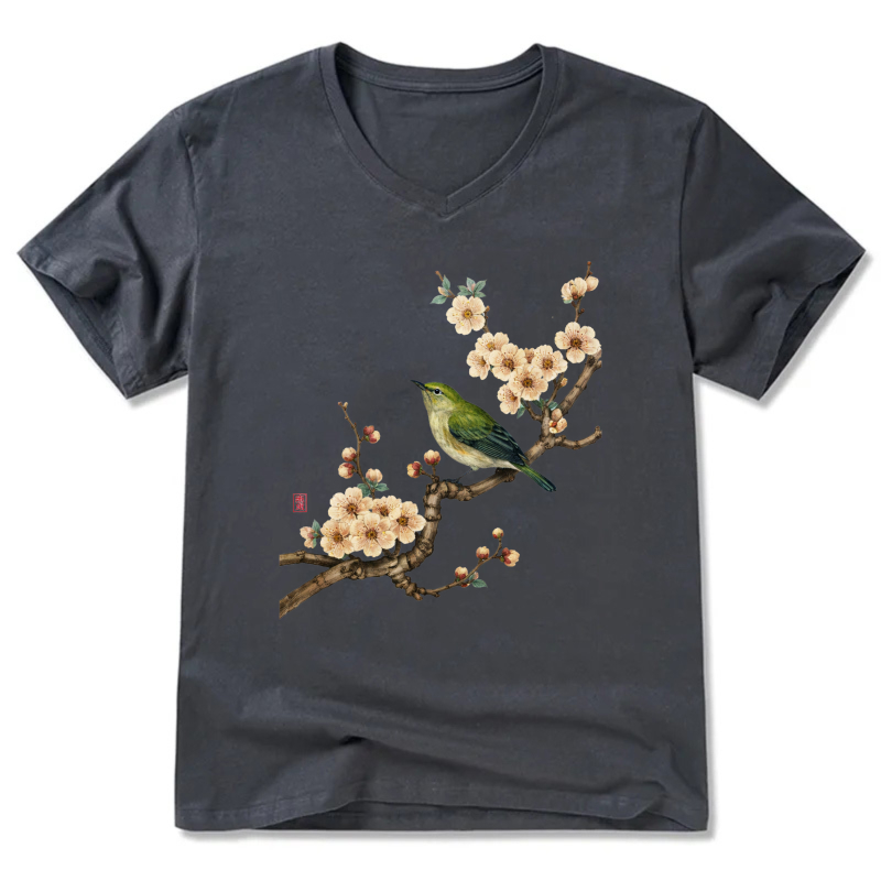 Bird And Plum Blossom Art Print T Shirt For Men Women Black Casual Top