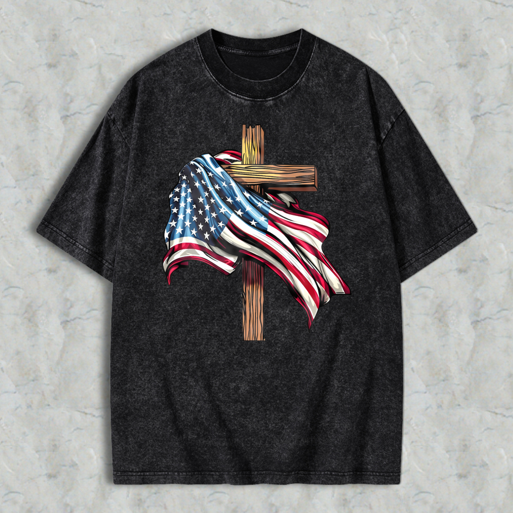 American Flag And Cross Design Washed T-shirt
