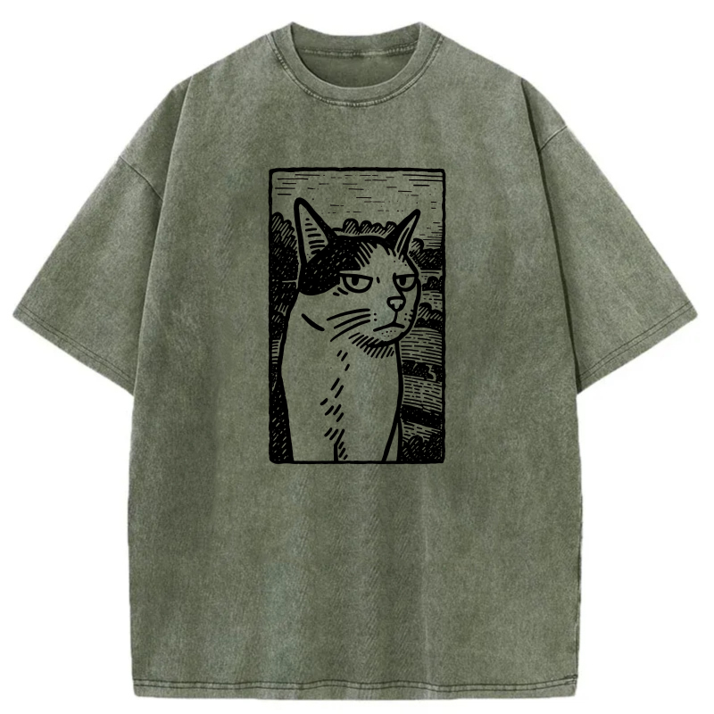 Cat Portrait In White Line Art Style tshirt 100% cotton