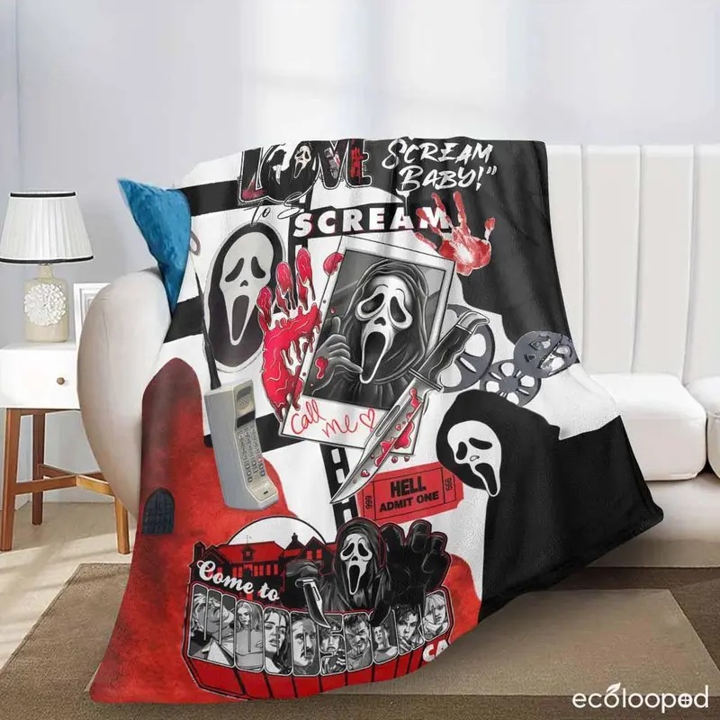 Spooky Ghost Mask Flannel Blanket Ultra Soft Anti-Pilling Halloween Decor Travel Throw