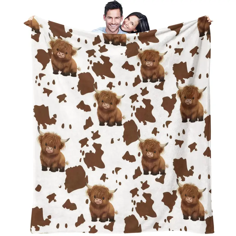 Cute Highland Cow & Cow Print Flannel Throw Blanket, Soft Cozy Farm Animal Blanket for Couch and Bed