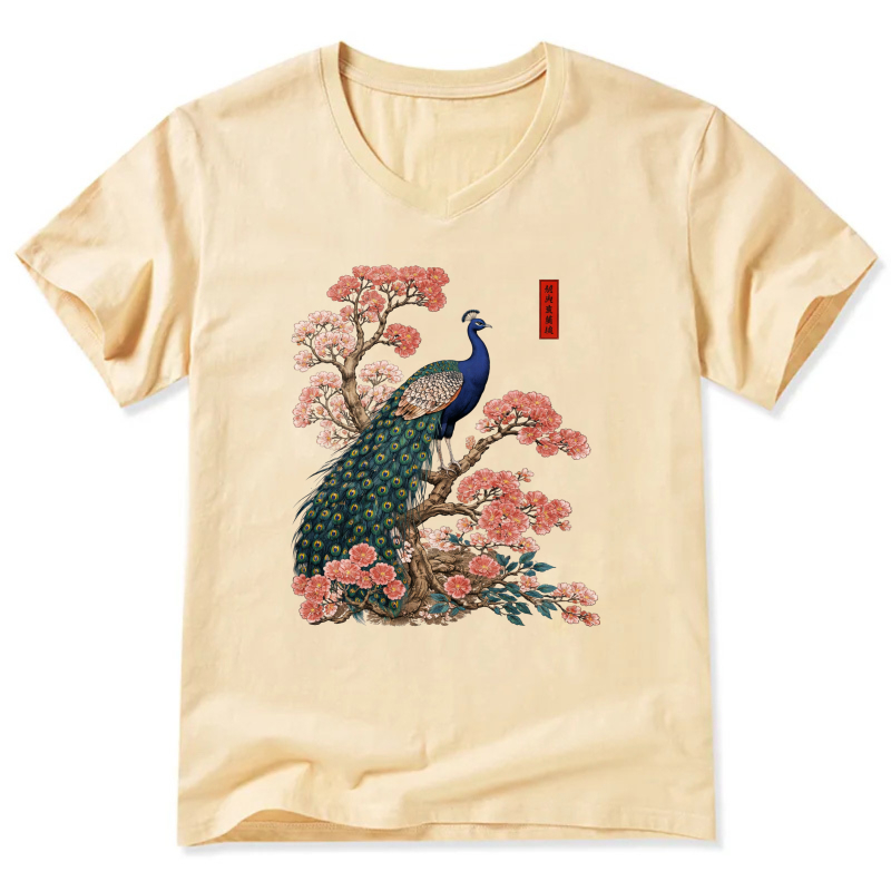 Peacock And Cherry Blossom Art T Shirt Men Women Fashion Casual Top