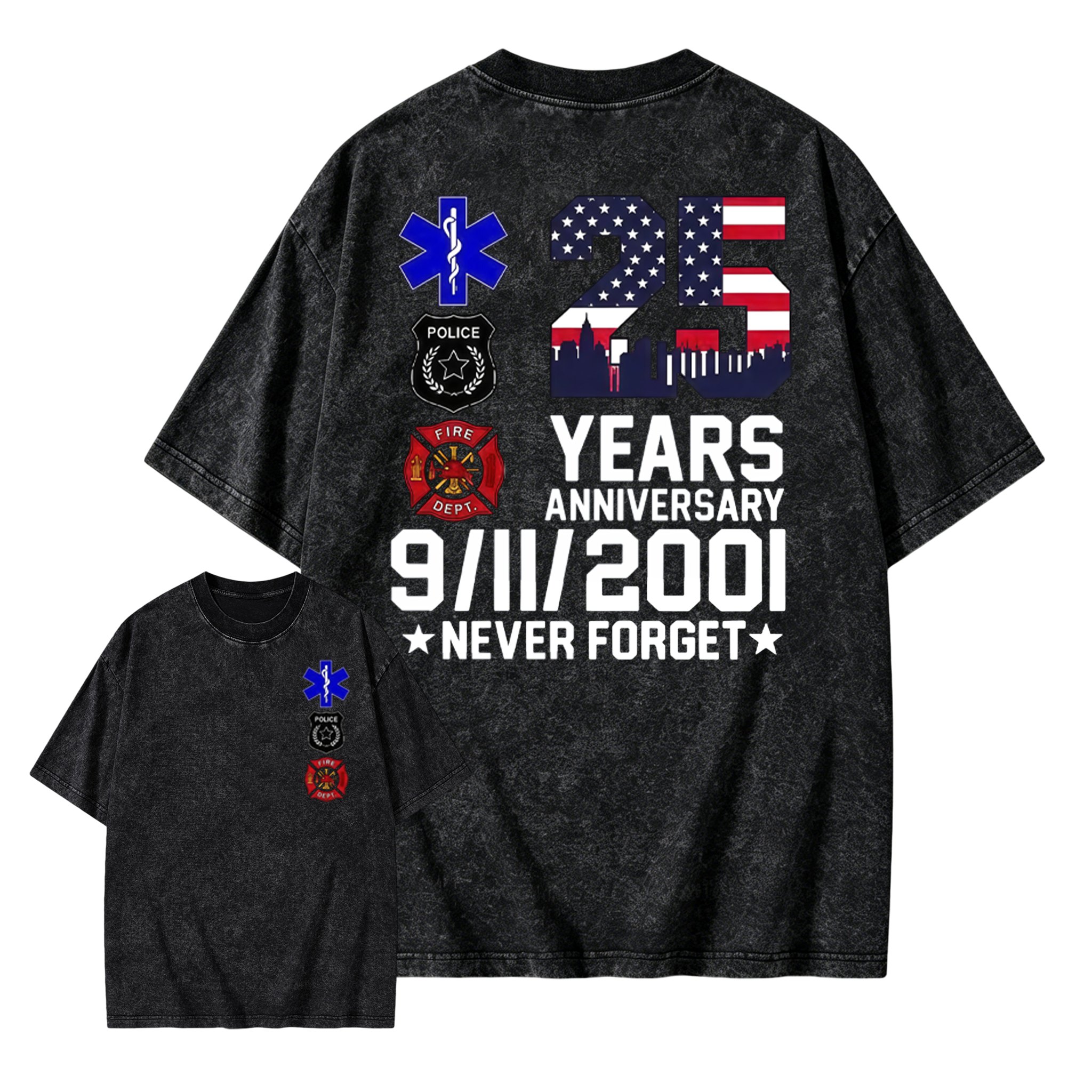 Unisex 9/11 25th Anniversary Memorial T-Shirt - Never Forget Graphic  Washed T-Shirt