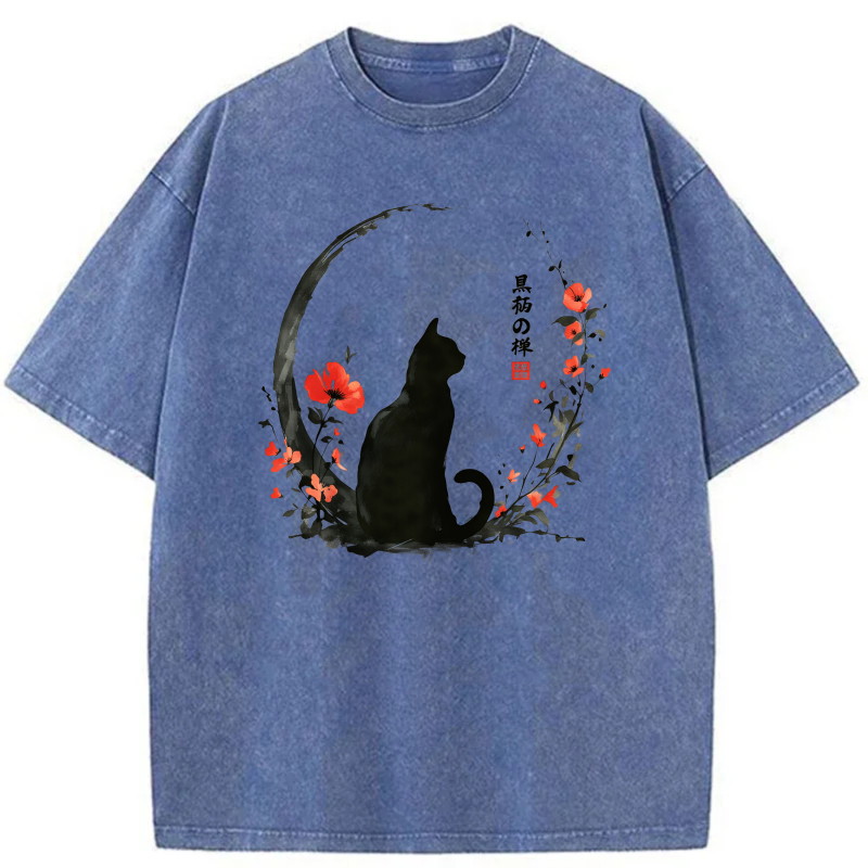 Cat Moon Flower Japanese Calligraphy tshirt 100% cotton