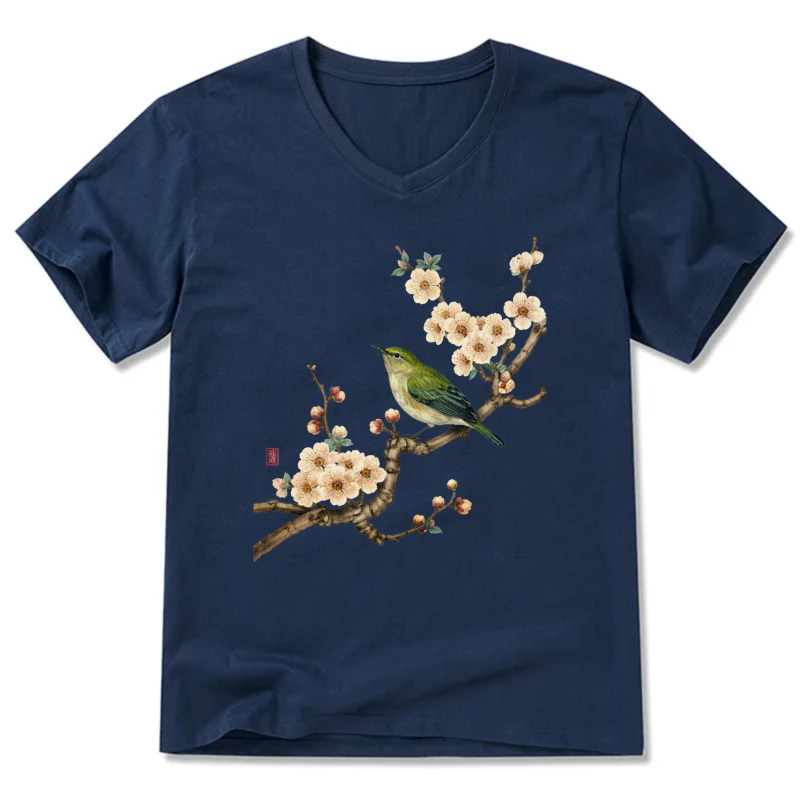 Bird And Plum Blossom Art Print T Shirt For Men Women Black Casual Top