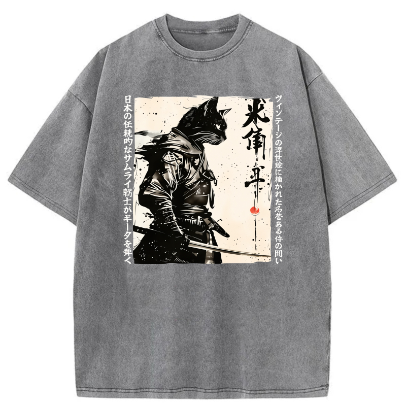 Samurai Cat With Sword And Japanese Text tshirt 100% cotton