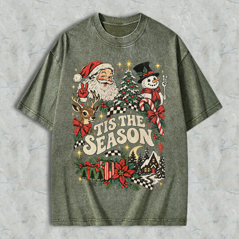 Retro "Tis The Season" Santa & Snowman Vintage Washed T-Shirt