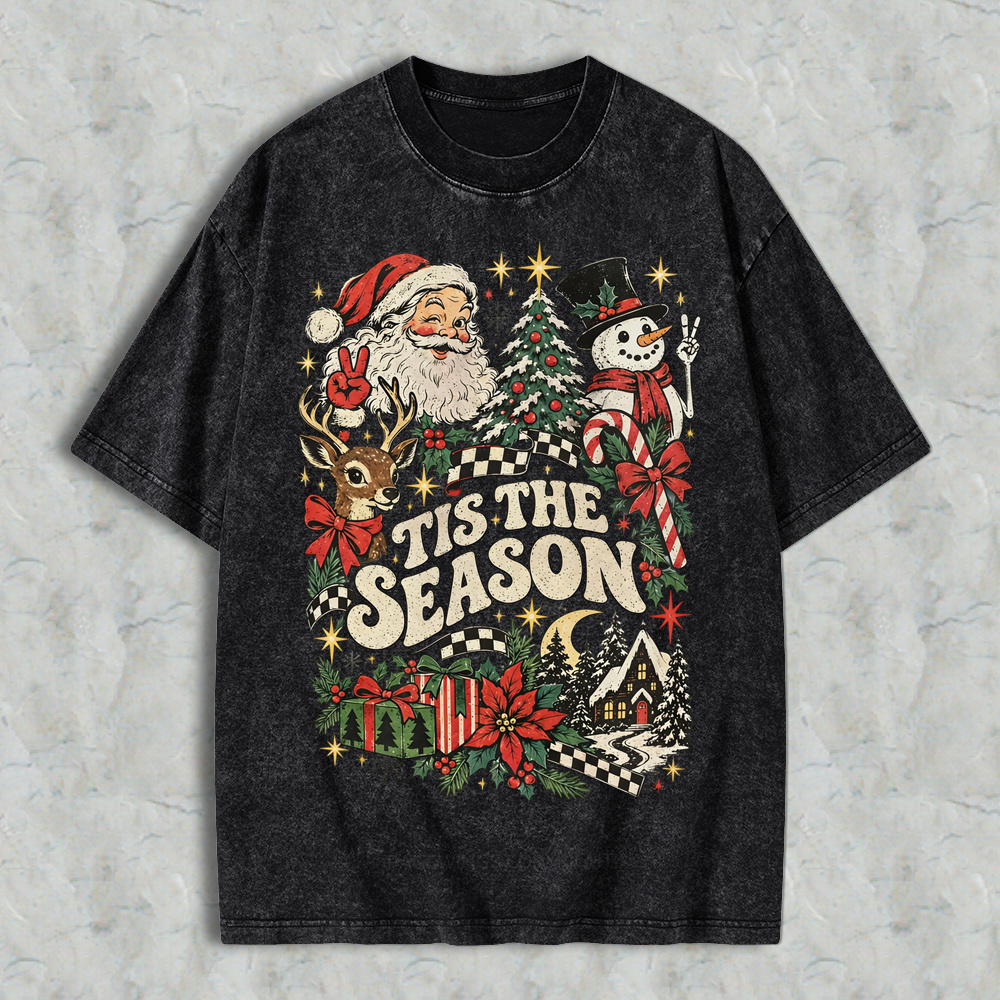 Retro "Tis The Season" Santa & Snowman Vintage Washed T-Shirt
