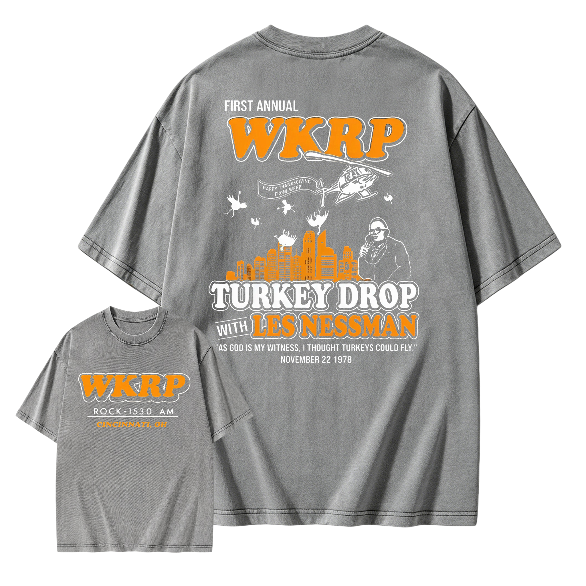 WKRP Turkey Drop T-Shirt, Les Nessman Thanksgiving Graphic Washed T-shirt