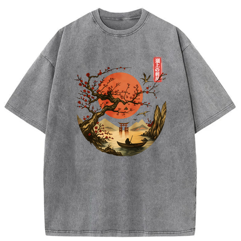 Red Moon Cherry Tree Boat Mountain Torii Bird tshirt 100% cotton