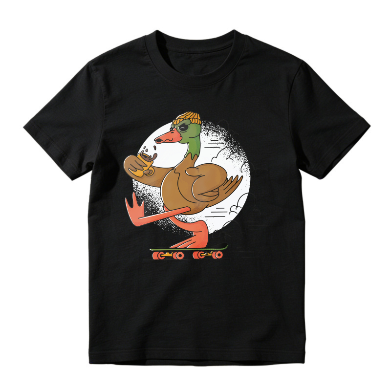Cartoon Duck Skateboarding With Drink Graphic, Unisex Classic T-shirt