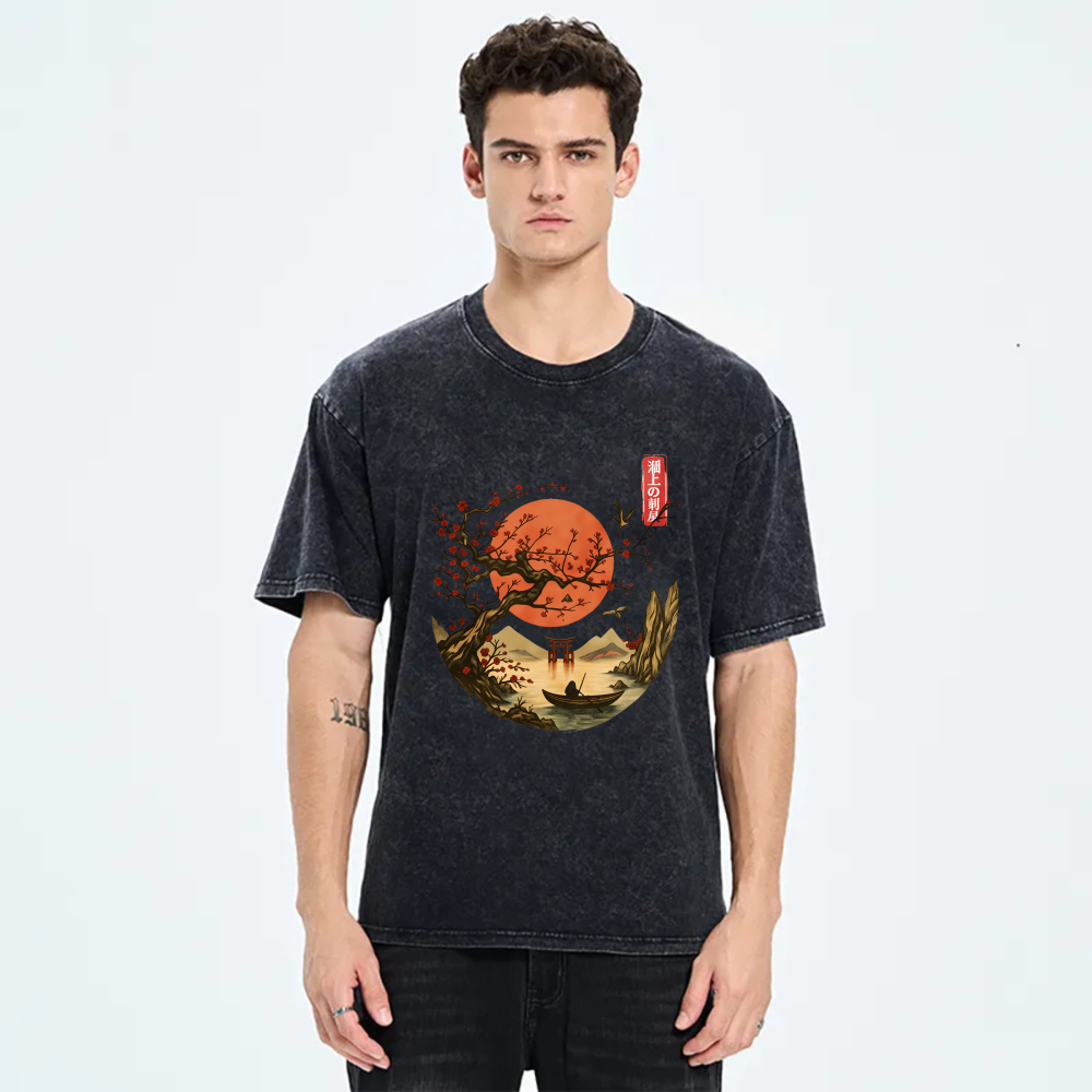 Red Moon Cherry Tree Boat Mountain Torii Bird tshirt 100% cotton