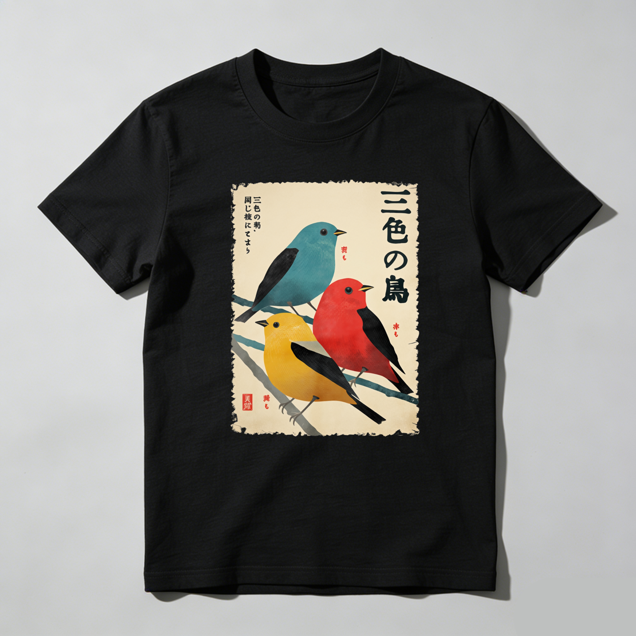 Three Color Birds On Branch Art tshirt 100% cotton