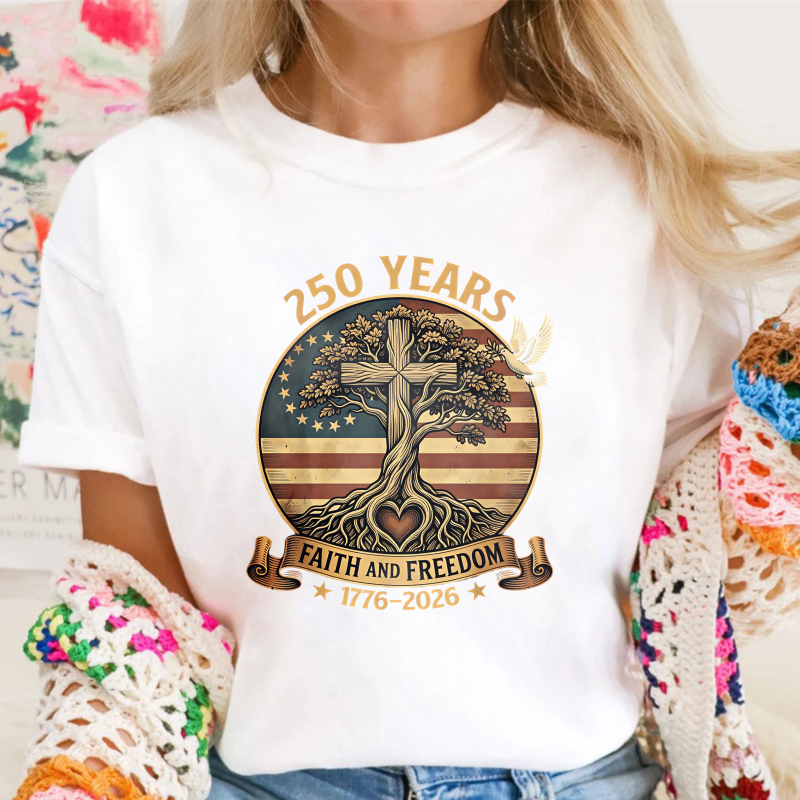 250 Years Faith And Freedom Tree Cross American Flag Unisex Classic T-shirt
