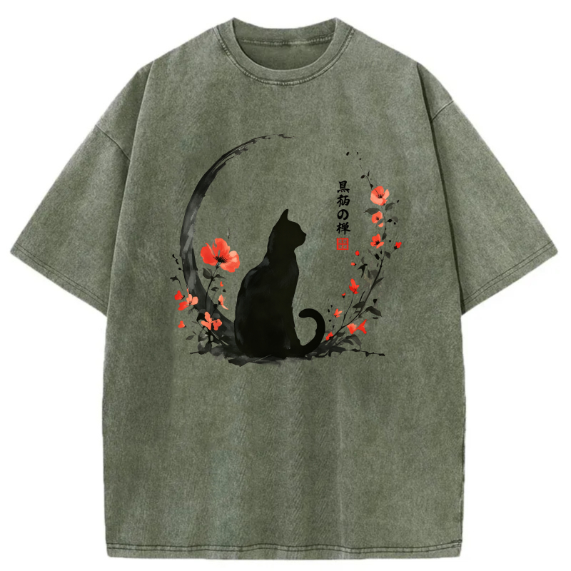 Cat Moon Flower Japanese Calligraphy tshirt 100% cotton